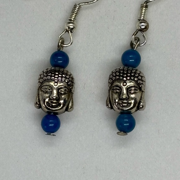 Jewelry - Silver Buddha Drop Earrings with Blue Quartz Stone Beads - The Yogi Collection